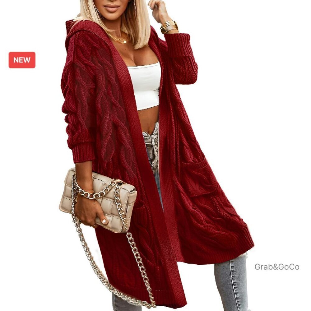Oversized Cable Knit Cardigan Hooded Long Knee Length Chunky Sweater Cozy